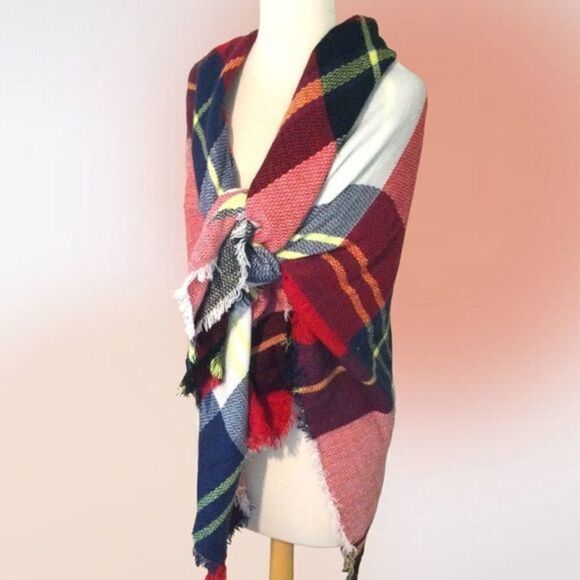Large Square Plaid Fringed‎ Blanket Scarf Wrap - Picture 5 of 7